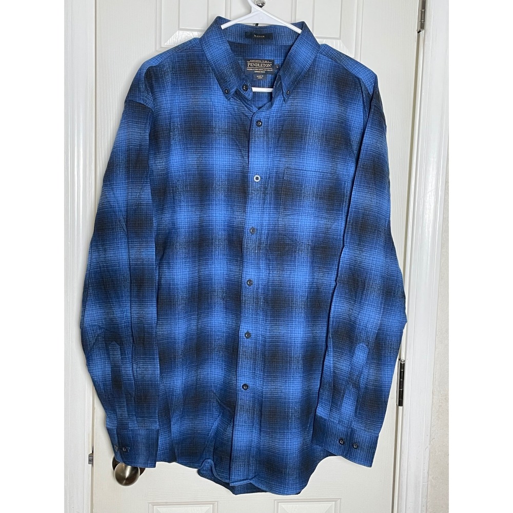 Pendleton Mason Blue Black Plaid Cotton Button Down Shirt Mens Large L LS